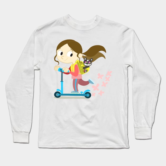 girl on a scooter with a backpack on her back Long Sleeve T-Shirt by duxpavlic